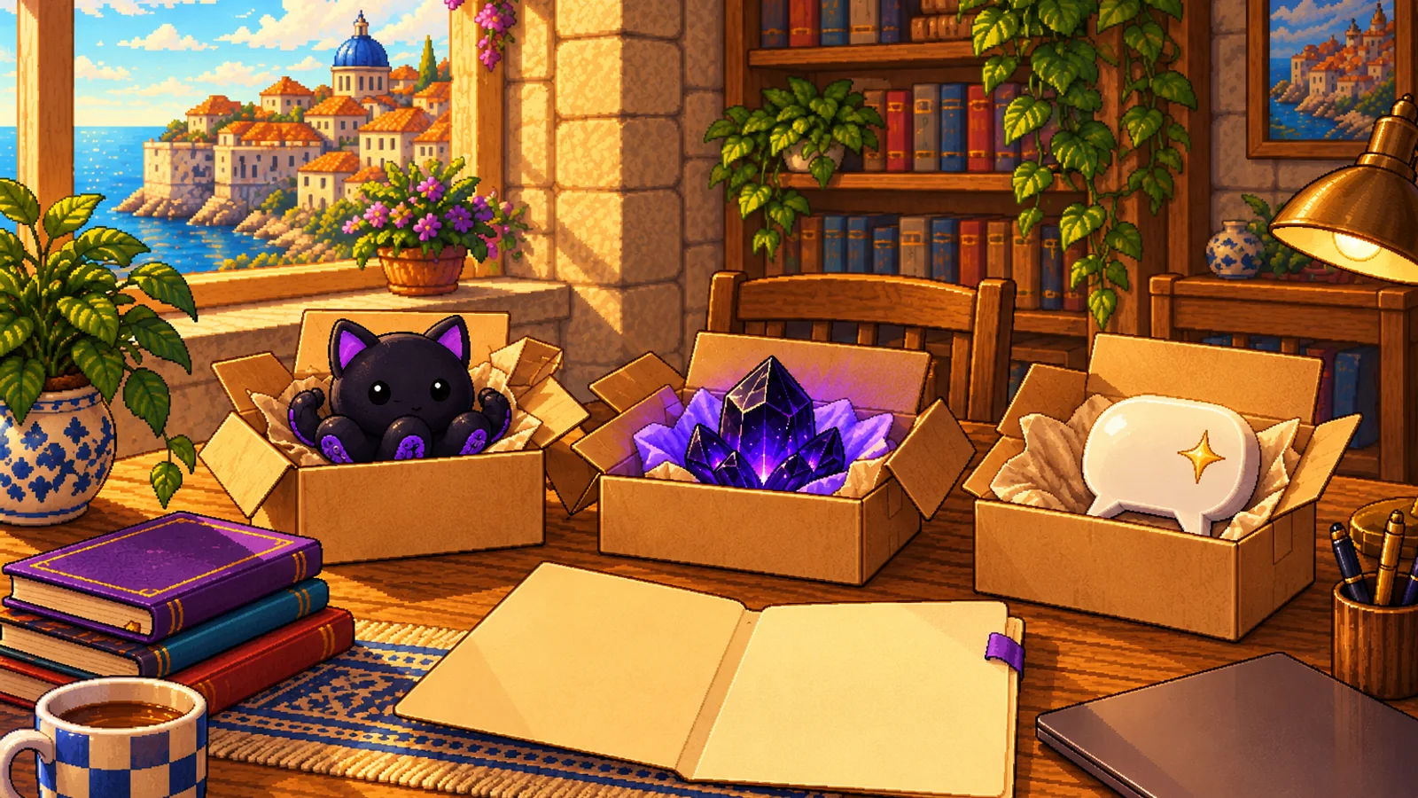 Tres cajas de cartón abiertas sobre una mesa, cada una con una herramienta adentro: un octocat de GitHub, un cristal de obsidiana violeta que brilla y un globo de chat con una estrella. Adelante, una carpeta vacía; por la ventana, el mar y la ciudad vieja.