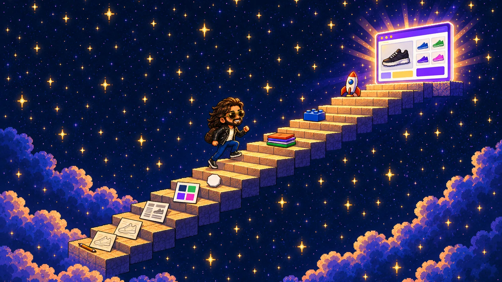 Martín sube una escalera de piedra entre las estrellas hacia una pantalla encendida con la tienda publicada; en los escalones quedan los pasos: un lápiz, los bocetos, la paleta de colores, los bloques y un cohete.