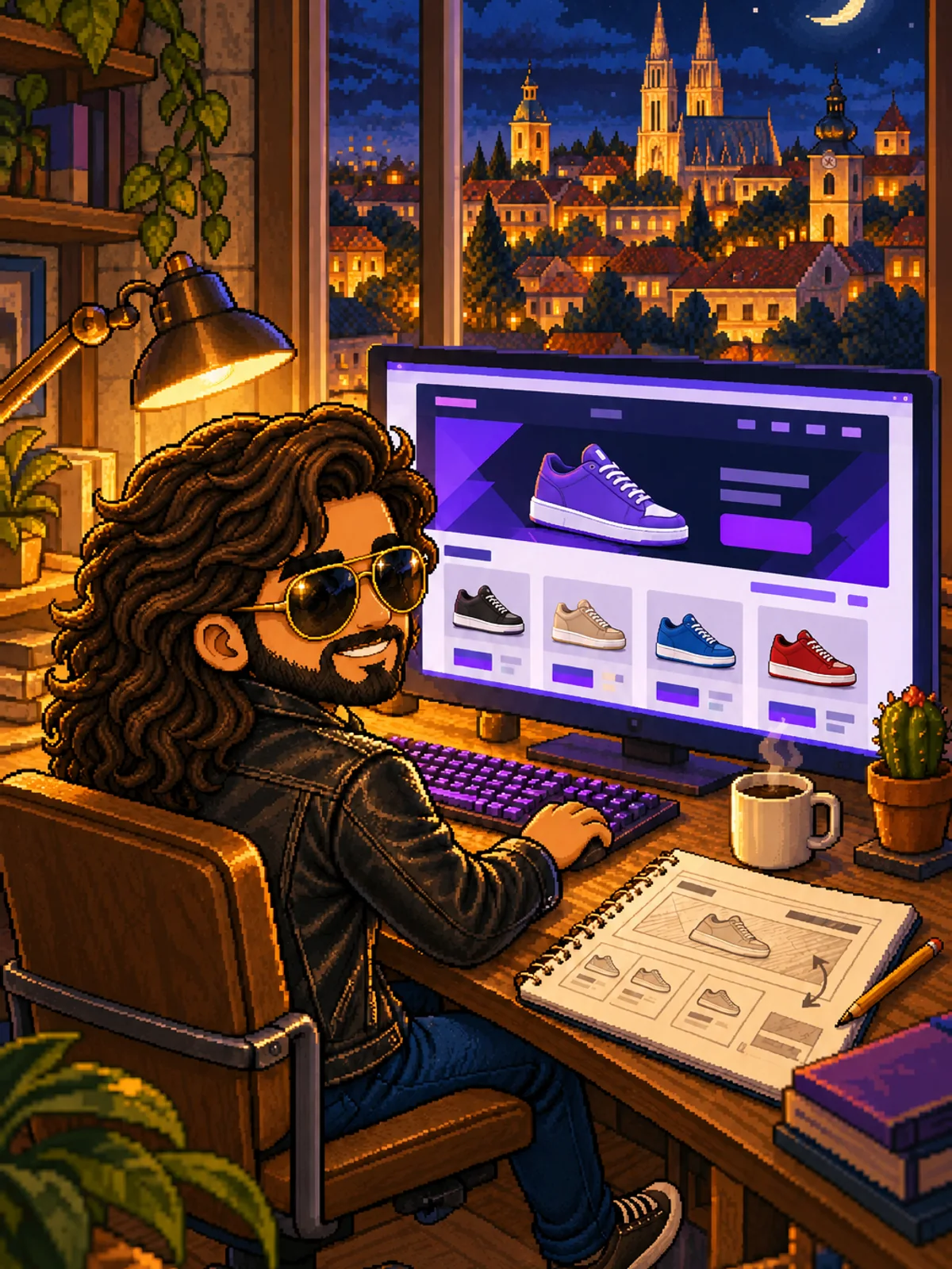 Martín de noche en su escritorio: en la pantalla, una tienda de zapatillas terminada; sobre la mesa, un cuaderno abierto con el mismo sitio dibujado a lápiz, una taza de café y un cactus; por la ventana, la ciudad con la catedral iluminada.